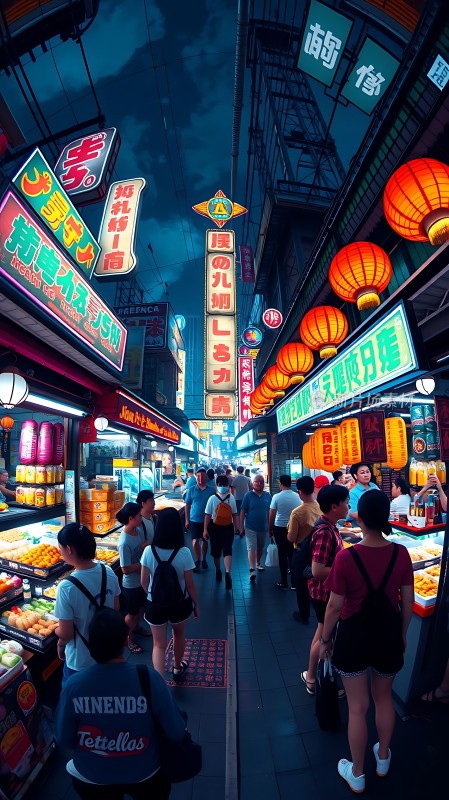 霓虹灯下的繁华夜市热闹非凡
