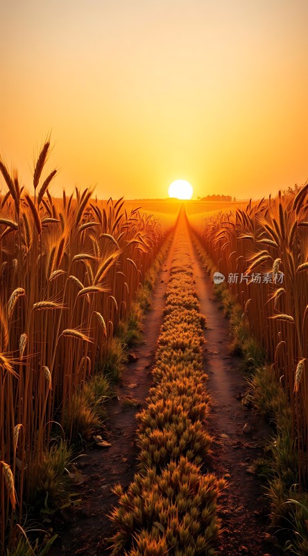 金色麦田日落时分的小径