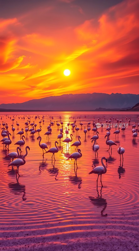 日落下的火红天空与粉红色火烈鸟