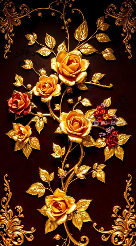 金色玫瑰绽放华丽图案环绕
