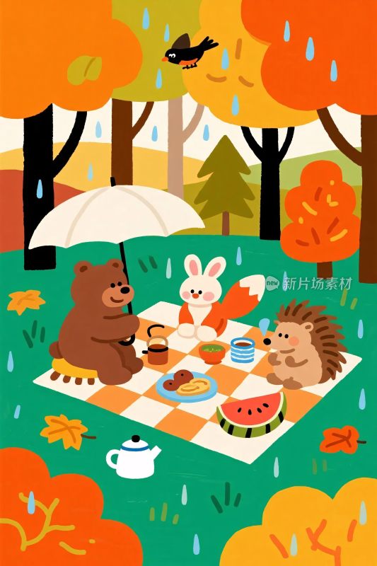 雨中动物森林野餐插画