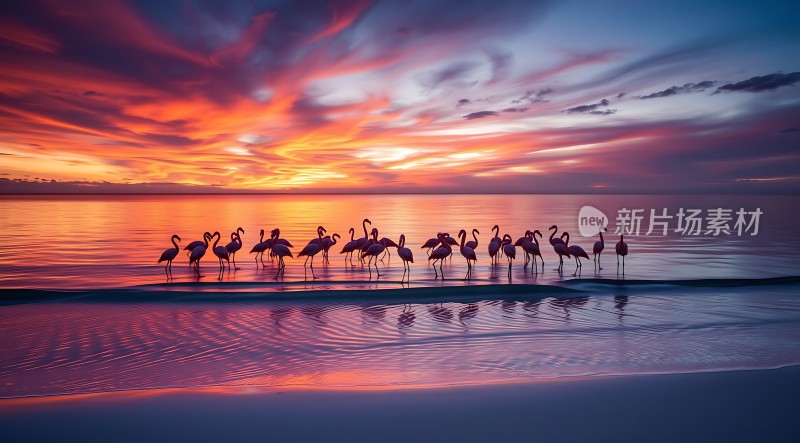 日落下的火烈鸟剪影