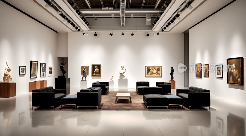 艺术馆内景雕塑与画作交相辉映现代沙发静候参观者