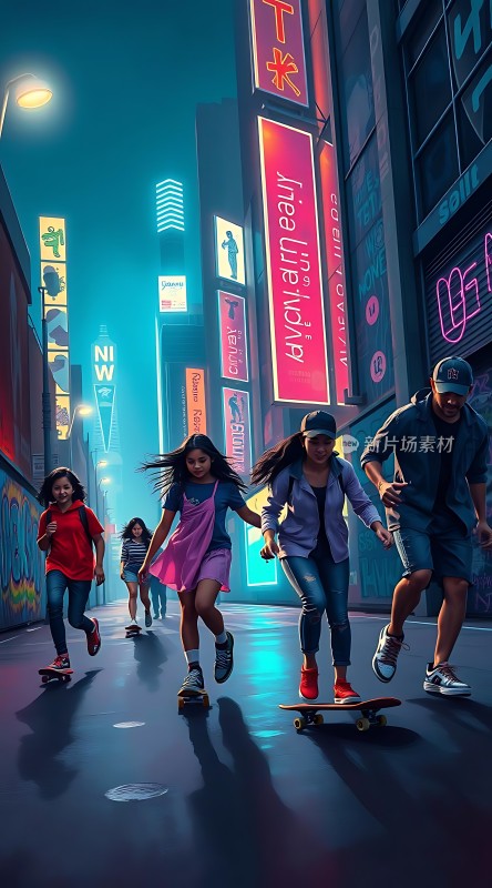 滑板少年夜游霓虹都市