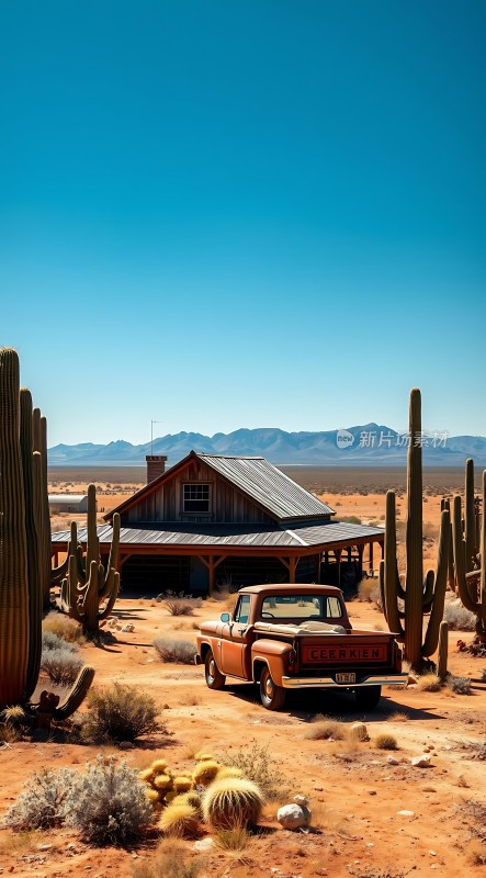 沙漠中的老卡车与木屋