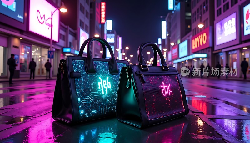 霓虹灯下的时尚手提包