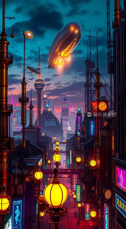 未来城市夜景霓虹灯与飞艇共舞