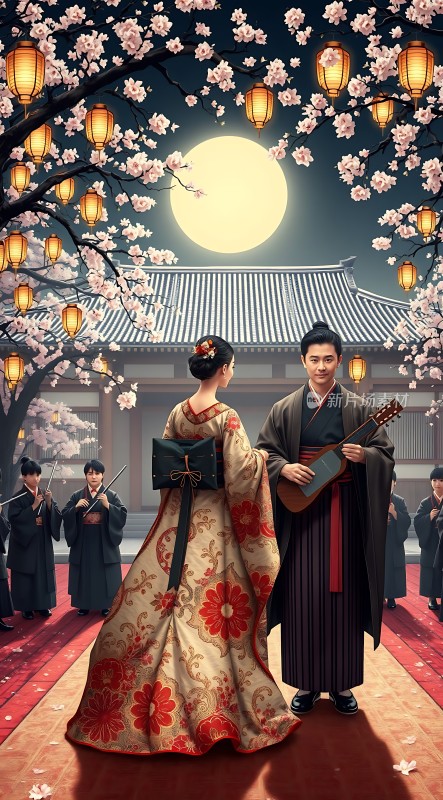 汉服佳人月下弹琴