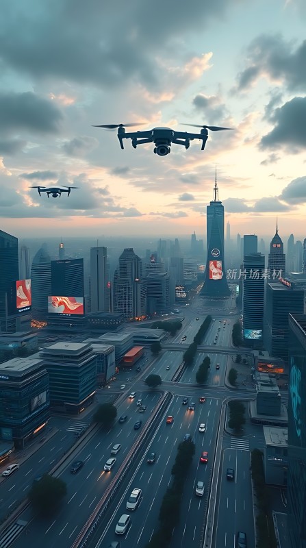 未来之城无人机与摩天大楼共舞