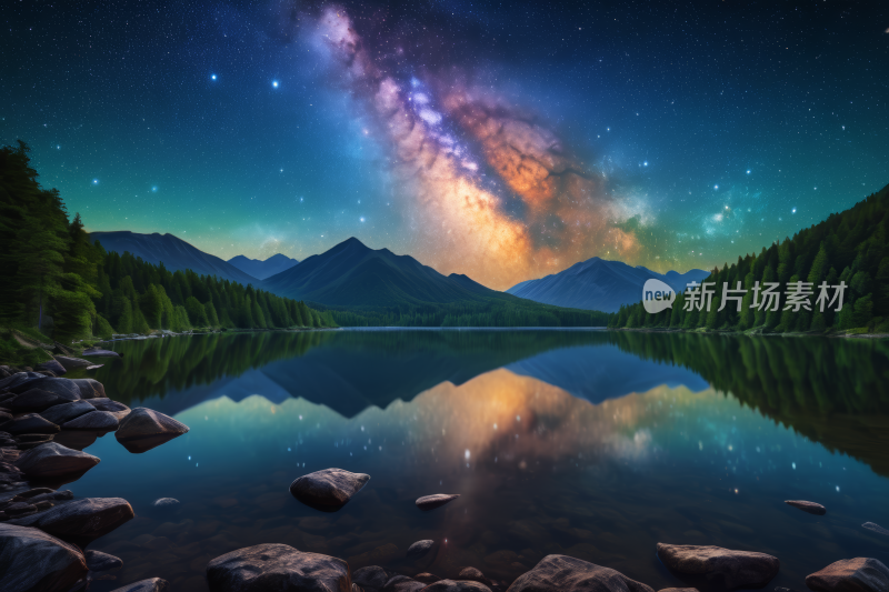 星空夜空笼罩着岩石和树木的湖泊高清图片