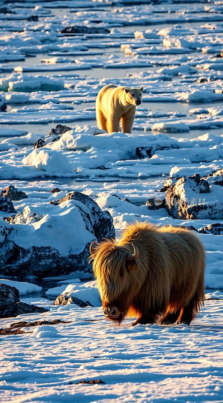 雪原上的北极熊与驯鹿