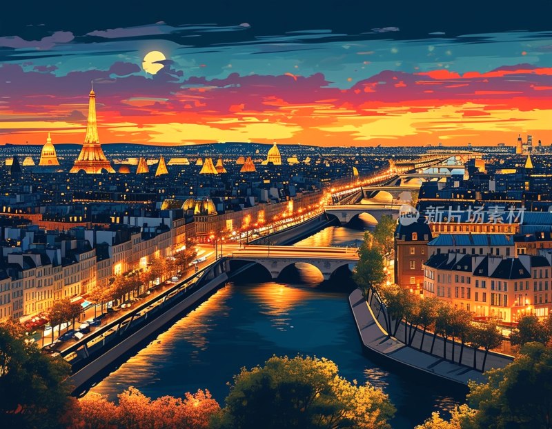 巴黎夜景漫画海报