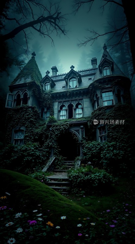 神秘古宅藤蔓缠绕的哥特式建筑