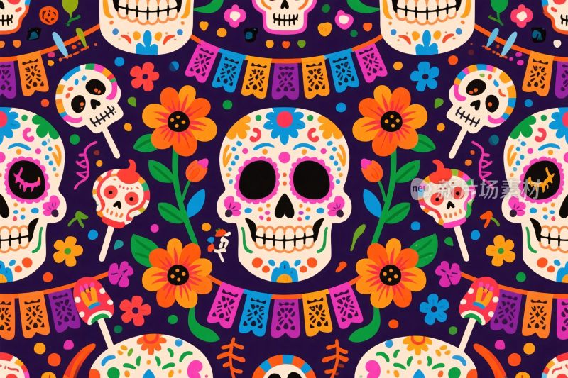 墨西哥风格骷髅花卉图案