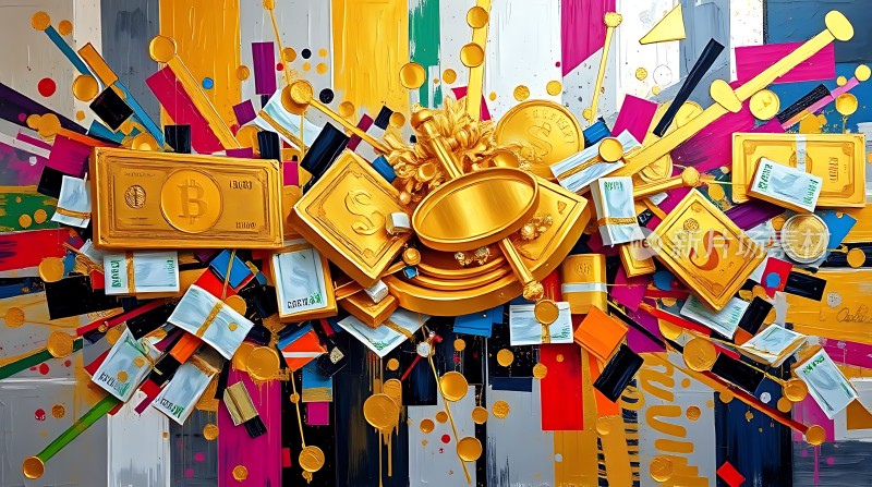 金钱风暴美元、欧元等货币与比特币交织成一幅财富画卷