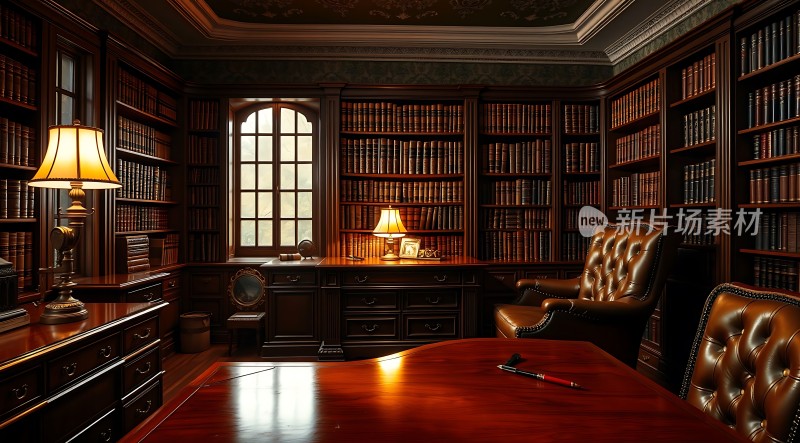 书房一角书架、桌椅与台灯营造温馨氛围