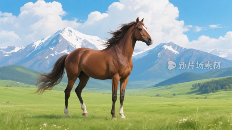 草原上的骏马与远山美景