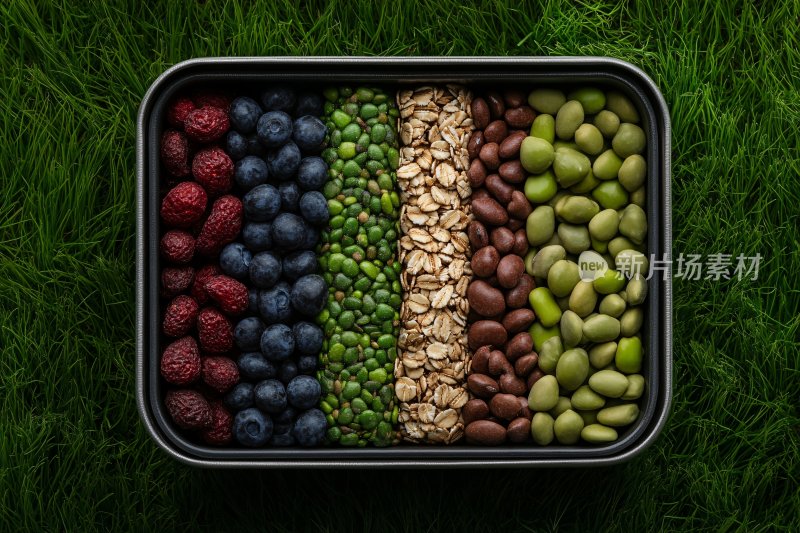 草地上的多彩健康食材便当