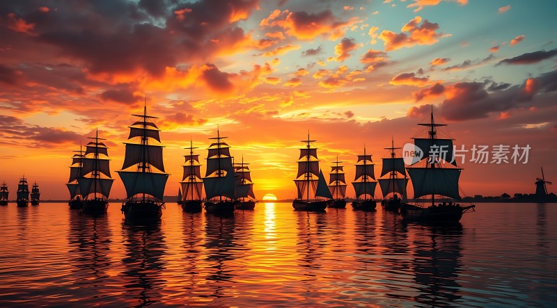 日落下的帆船群
