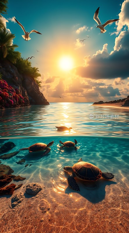 阳光下的海龟与飞翔的海鸥