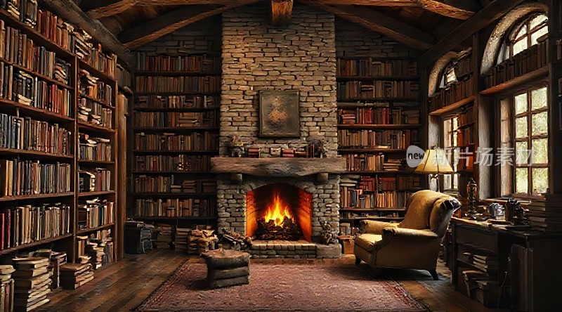 古色古香书房壁炉旁的书架和椅子