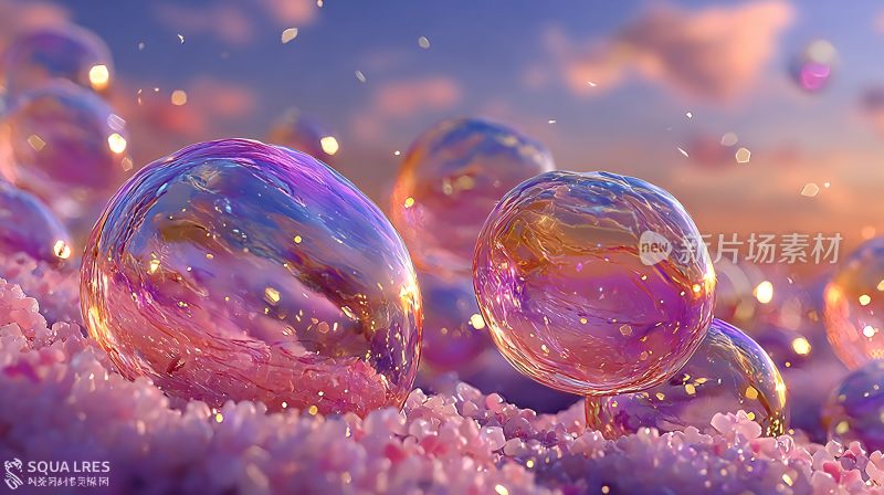 梦幻粉紫泡泡场景插画