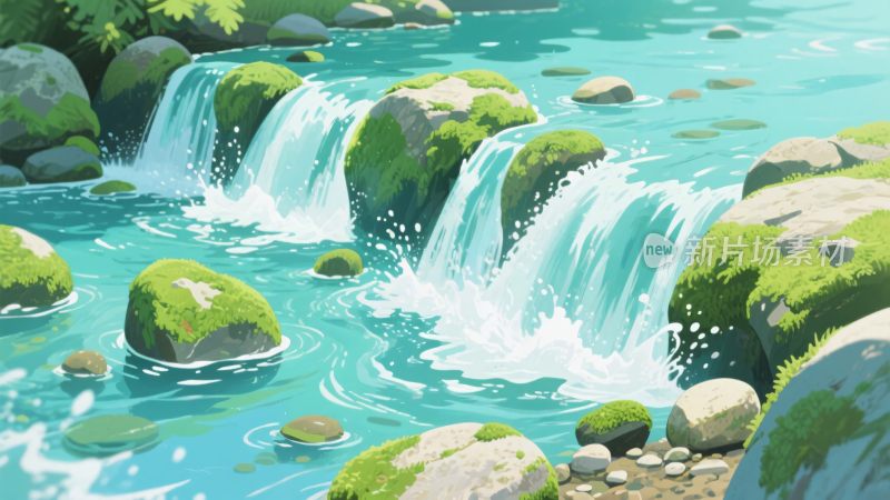 清新插画风格的山间溪流景观