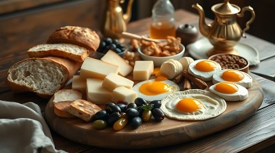 早餐拼盘面包、奶酪、鸡蛋、葡萄干