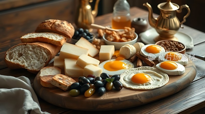 早餐拼盘面包、奶酪、鸡蛋、葡萄干