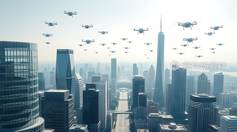 无人机编队飞越未来城市天际线
