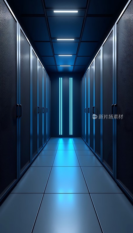 科技感数据中心走廊蓝色灯光映照金属服务器机柜