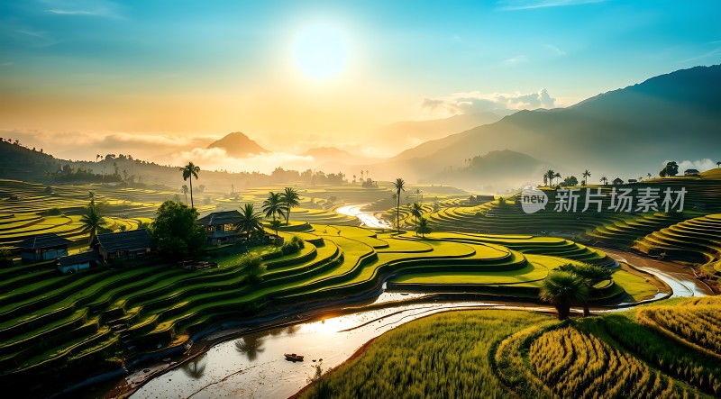 梯田晨曦阳光洒满大地