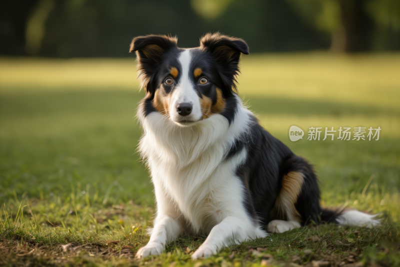 一只狗和飞盘坐在草地上高清图片