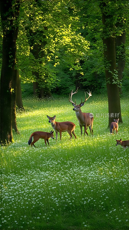 阳光下的森林小鹿与狐狸