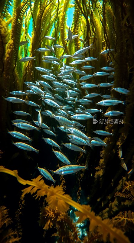 海洋之舞银色鱼群在海底植物间穿梭
