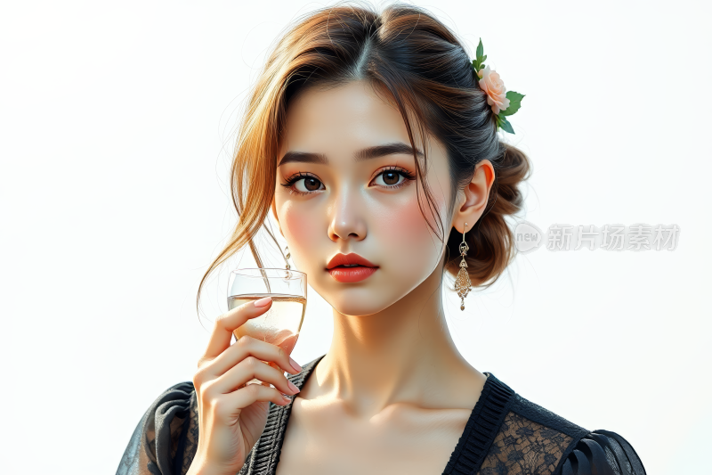 一个女人手里拿着一杯酒高清图片