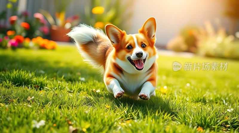 草地上的快乐柯基犬