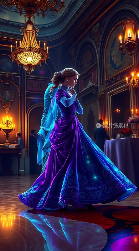 蓝色舞裙优雅旋转金色大厅华丽璀璨