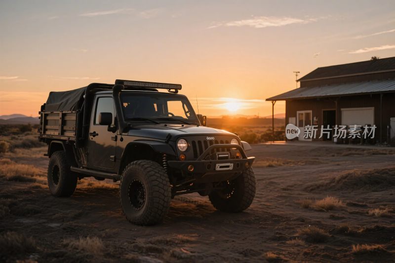 夕阳下的越野皮卡车
