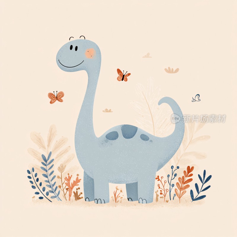 可爱蓝色恐龙与蝴蝶插画