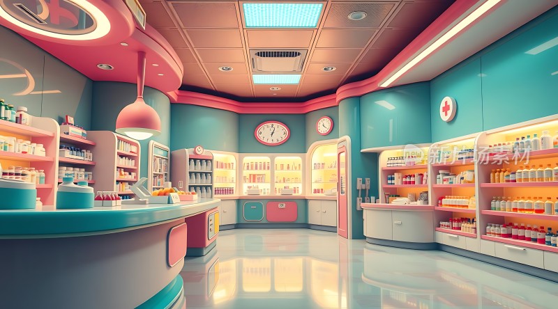 温馨药房色彩斑斓药品整齐摆放环境整洁明亮
