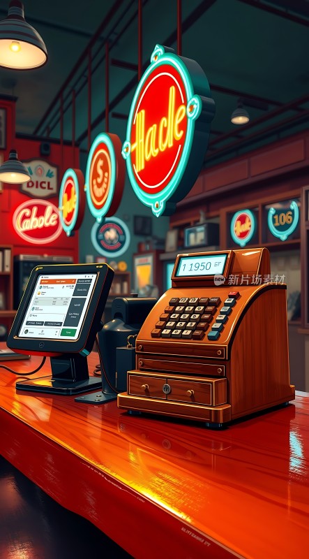 复古收银台上的霓虹灯招牌