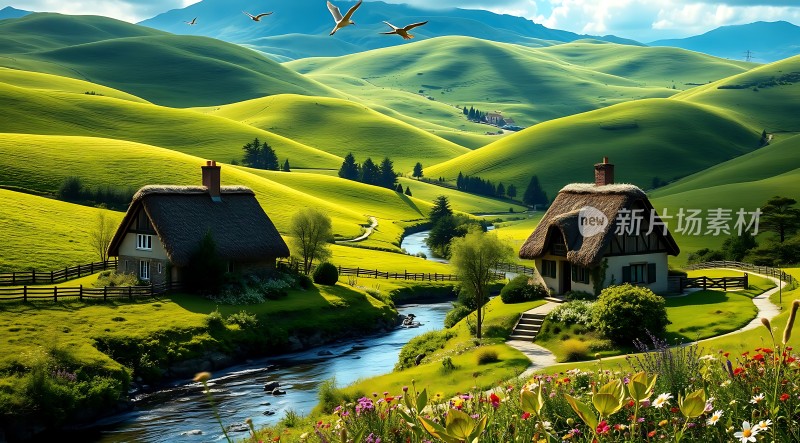 绿色山谷中的宁静小屋