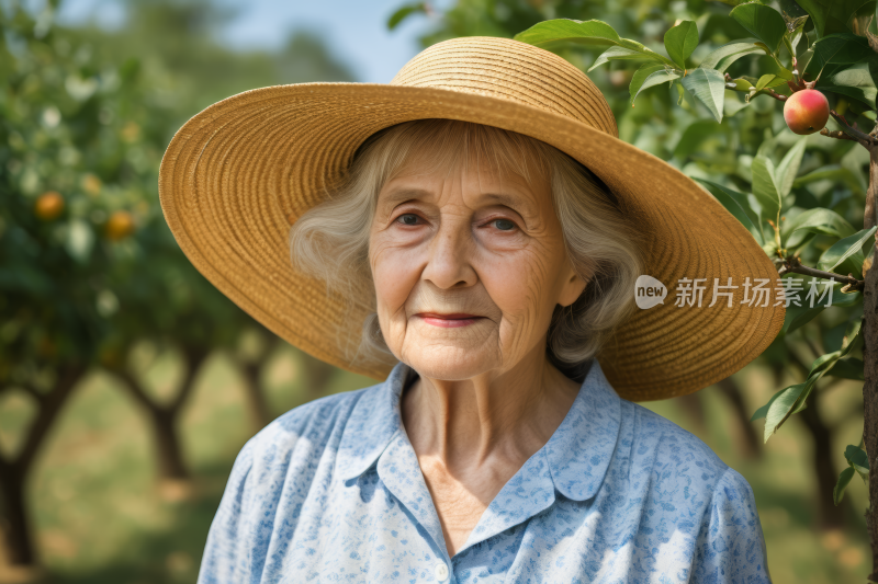 一位戴着草帽的年长妇女站在果园里高清图片