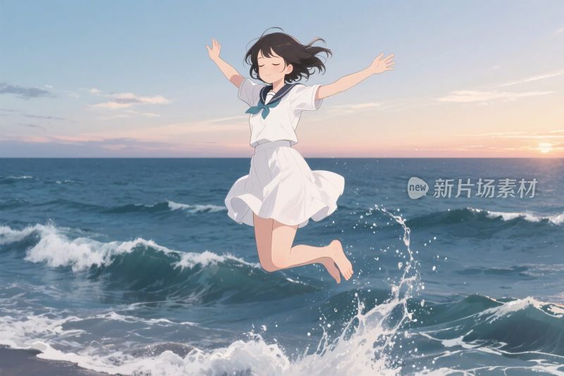 海边跳跃少女