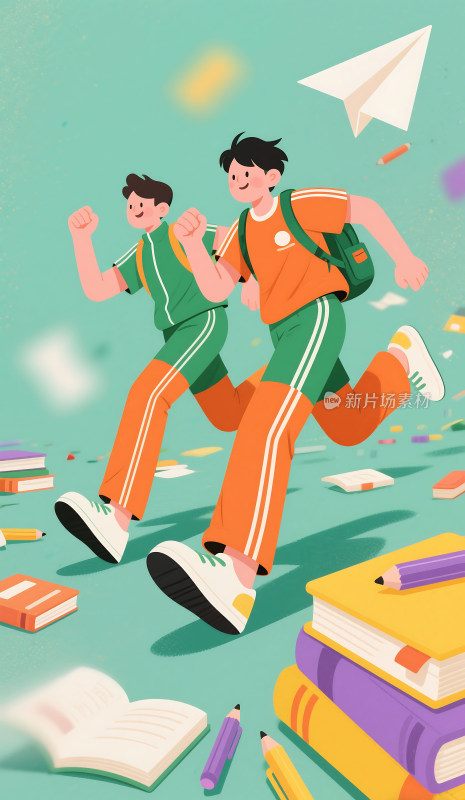 开学季奔跑的学生插画