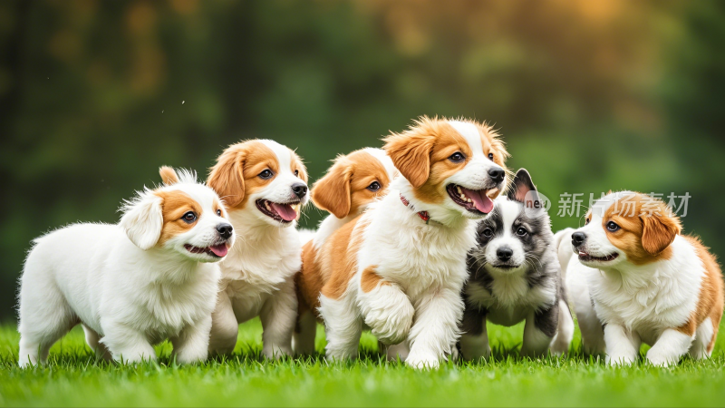 一群不同品种小狗在草坪上嘻嘻
