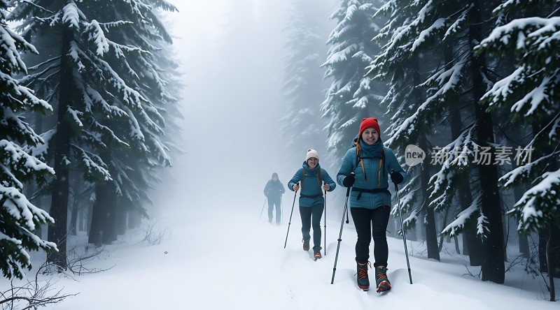 雪地徒步旅行者穿越雾气弥漫的森林小径