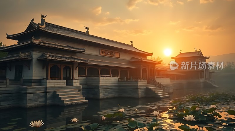 古寺晨曦映荷花