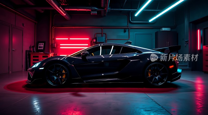 黑色跑车在霓虹灯光下闪耀